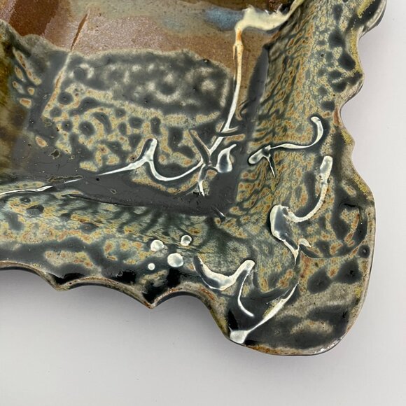 Handcrafted Ceramic Decorative Square Plate With Wavy Edges & Abstract Glaze Des - Picture 2 of 3